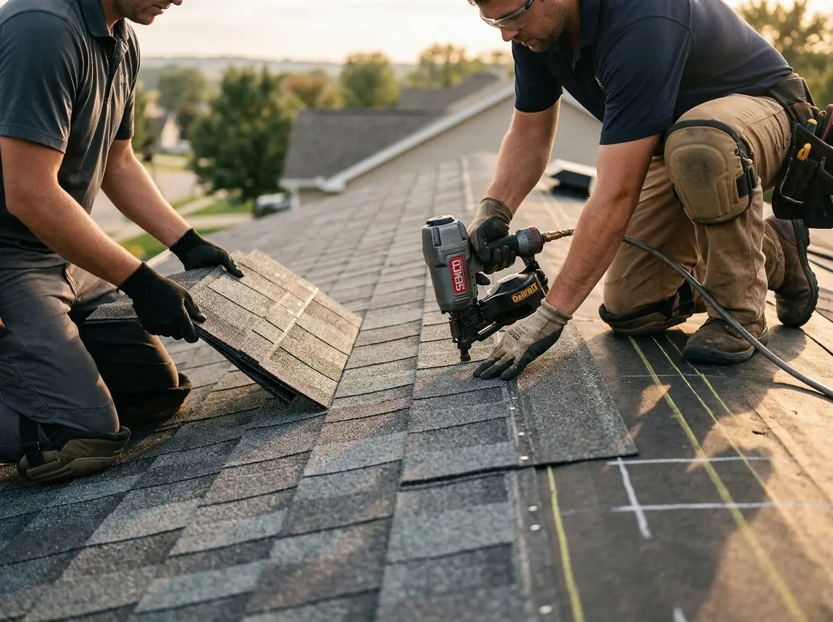 Professional roofer working on a residential roof in Keokuk